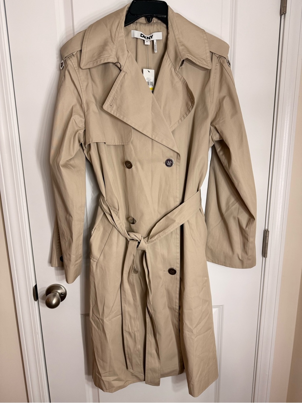 DKNY Beige Double-Breasted Trench Coat with Waist Tie size M/L